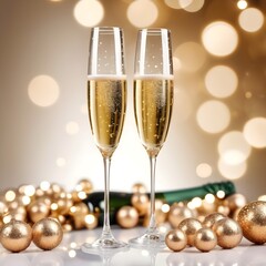 two glasses of champagne and christmas decorations, isolated on a background with bokeh lights. fest