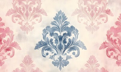 Wall Mural - Elegant Floral Pattern in Pink and Blue Hues on Off-White Background