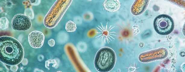 Wall Mural - View of microorganisms in water observed through a microscope, focusing on various species with detailed textures, shapes, and movement captured in realistic colors, clear light, realistic photo 8K