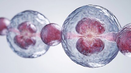 Wall Mural - Microscopic examination of a fertilized egg cell, showing detailed cell division stages with accurate textures and colors, emphasizing the process of early development, clear light, realistic photo 8K