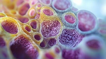 Wall Mural - Close-up view of intestinal villi under a microscope, showing detailed surface structures with realistic colors and textures, emphasizing the absorption function, clear light, realistic photo 8K