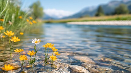 Wall Mural - Yellow Flowers in Stream with Mountain Background.