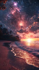 Wall Mural - A beautiful sunset over the ocean with a palm tree in the background. The sky is filled with stars and the water is calm. Landscape wallpapers.