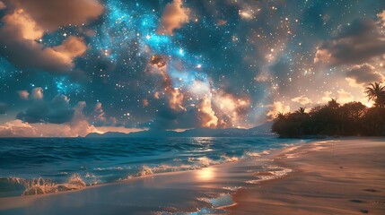 Wall Mural - A beautiful sunset over the ocean with a palm tree in the background. The sky is filled with stars and the water is calm. Landscape wallpapers.