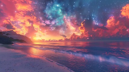 Wall Mural - A beautiful sunset over the ocean with a palm tree in the background. The sky is filled with stars and the water is calm. Landscape wallpapers.