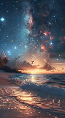 Wall Mural - A beautiful sunset over the ocean with a palm tree in the background. The sky is filled with stars and the water is calm. Landscape wallpapers.