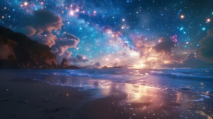 Wall Mural - A beautiful sunset over the ocean with a palm tree in the background. The sky is filled with stars and the water is calm. Landscape wallpapers.