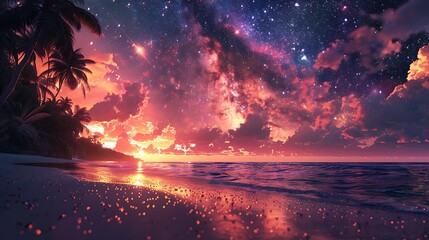 Wall Mural - A beautiful sunset over the ocean with a palm tree in the background. The sky is filled with stars and the water is calm. Landscape wallpapers.
