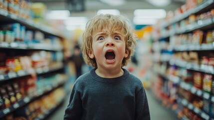 A young boy with a shocked expression stands in a supermarket aisle. He looks surprised and scared, with his mouth wide open.