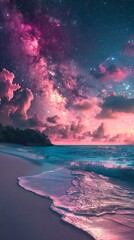 Wall Mural - A beautiful sunset over the ocean with a palm tree in the background. The sky is filled with stars and the water is calm. Landscape wallpapers.