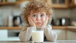 © Wasun - A young child with curly hair sits at a table with a glass of milk, looking sad and hesitant to drink it.