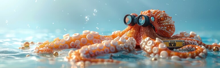 Wall Mural - Octopus Wearing Binoculars Holding a Treasure Chest in the Ocean