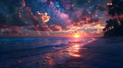 Wall Mural - A beautiful sunset over the ocean with a palm tree in the background. The sky is filled with stars and the water is calm. Landscape wallpapers.