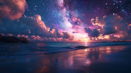 Wall Mural - A beautiful sunset over the ocean with a palm tree in the background. The sky is filled with stars and the water is calm. Landscape wallpapers.