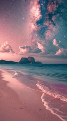 Wall Mural - A beautiful sunset over the ocean with a palm tree in the background. The sky is filled with stars and the water is calm. Landscape wallpapers.