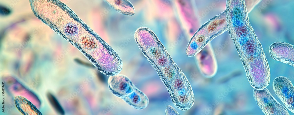 Microscopic examination of gut microbiota, focusing on different bacterial species with detailed textures and accurate color coding, clear light, realistic photo 8K