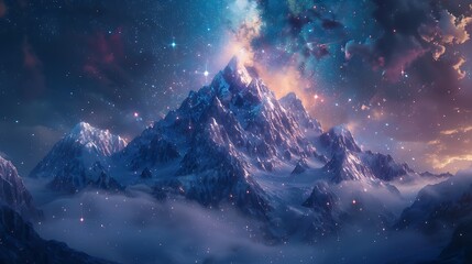 Wall Mural - A beautiful night sky with mountains in the background and a colorful cloud of light. The sky is filled with stars and the mountains are covered in snow. The scene is peaceful and serene