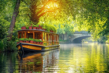 house boat cruising along a river.