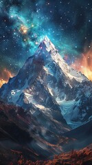 Wall Mural - A beautiful night sky with mountains in the background and a colorful cloud of light. The sky is filled with stars and the mountains are covered in snow. The scene is peaceful and serene