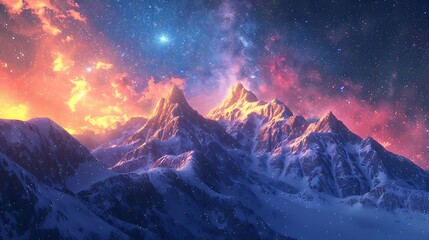Wall Mural - A beautiful night sky with mountains in the background and a colorful cloud of light. The sky is filled with stars and the mountains are covered in snow. The scene is peaceful and serene