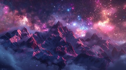 Wall Mural - A beautiful night sky with mountains in the background and a colorful cloud of light. The sky is filled with stars and the mountains are covered in snow. The scene is peaceful and serene