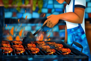 Illustration a man enjoys a summer BBQ party holding tongs while cooking flame grilled shrimp or prawns outdoors on a warm evening