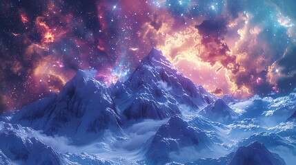 Wall Mural - A beautiful night sky with mountains in the background and a colorful cloud of light. The sky is filled with stars and the mountains are covered in snow. The scene is peaceful and serene