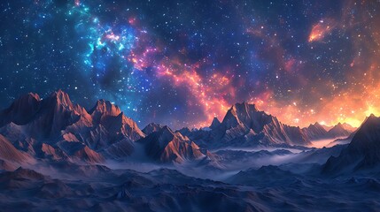 Wall Mural - A beautiful night sky with mountains in the background and a colorful cloud of light. The sky is filled with stars and the mountains are covered in snow. The scene is peaceful and serene