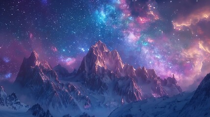 Wall Mural - A beautiful night sky with mountains in the background and a colorful cloud of light. The sky is filled with stars and the mountains are covered in snow. The scene is peaceful and serene