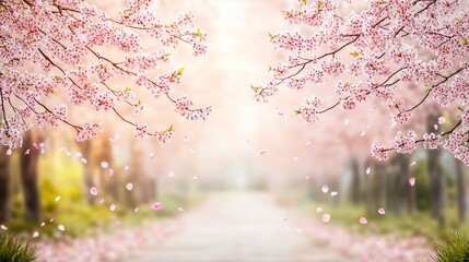 Canvas Print - Pink Cherry Blossoms Falling Petals Springtime Nature Background.