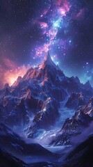 A beautiful night sky with mountains in the background and a colorful cloud of light. The sky is filled with stars and the mountains are covered in snow. The scene is peaceful and serene