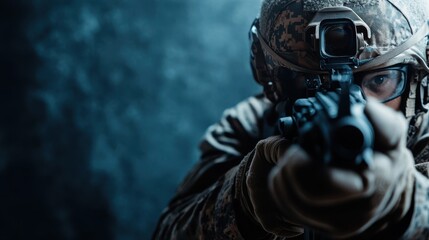 An intense photograph depicts a soldier aiming weapon in full camouflage tactical gear, highlighting precision, courage, and intense focus in a battlefield-like scenario.