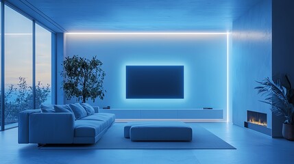 Wall Mural - A modern living room featuring soothing blue lighting, sleek furniture, and a minimalistic design for a contemporary atmosphere.