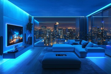 Wall Mural - A modern living room illuminated by blue lights, offering a stunning city view at night, perfect for relaxation and entertainment.