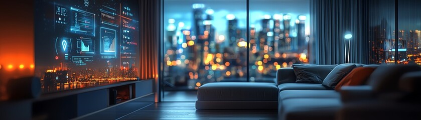 Wall Mural - A modern living room with a city skyline view, featuring a sleek sofa and illuminated urban scenery at night.