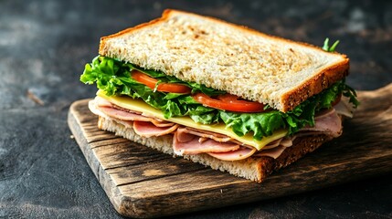 Wall Mural - Delicious Homemade Sandwich with Ham, Cheese, and Lettuce on Rustic Wooden Board, Selective Focus for Food Presentation