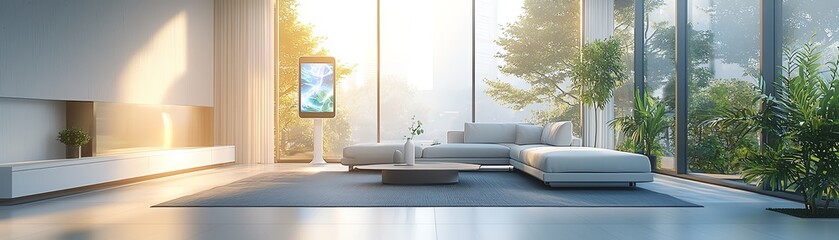 Wall Mural - Modern living room featuring large windows, natural light, and stylish furniture, creating a serene and inviting atmosphere.