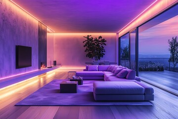 Wall Mural - Modern living room with ambient purple lighting, large windows, and a cozy sofa overlooking a serene view.