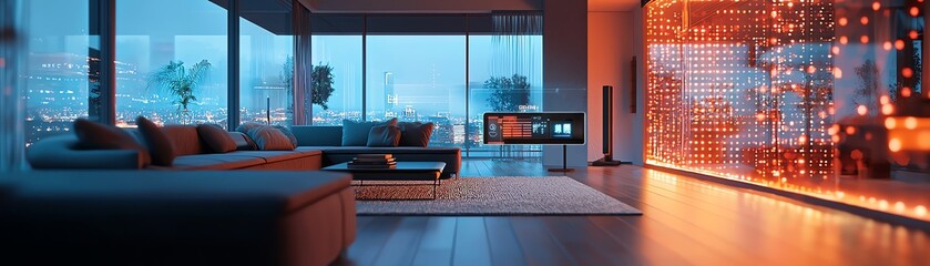 Wall Mural - Modern living room with ambient lighting, featuring stylish furniture and large windows, creating a serene and cozy atmosphere.