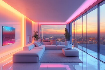 Wall Mural - Modern living room with panoramic views, illuminated by colorful lights, showcasing comfort and style during sunset.