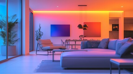 Wall Mural - Modern living room with stylish furniture and ambient lighting creating a vibrant and cozy atmosphere for relaxation.