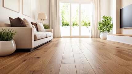 Canvas Print - Modern Living Room with Wooden Floor and Large Windows.