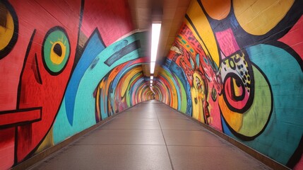 Fototapete - A close-up of a pedestrian tunnel with colorful murals or artwork on the walls, capturing the vibrant and creative design elements of the tunnel interior.