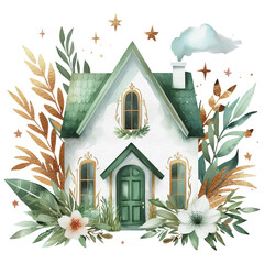 Green gold house home watercolor painting exterior with flowers leaves transparent background png