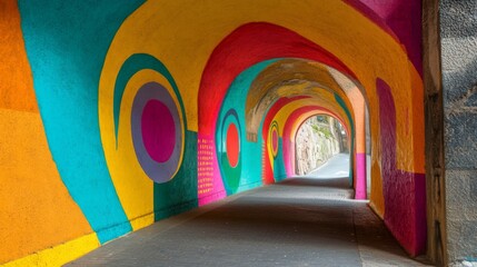 Fototapete - A close-up of a pedestrian tunnel with colorful murals or artwork on the walls, capturing the vibrant and creative design elements of the tunnel interior.