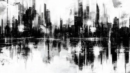 Canvas Print - Dramatic Monochrome Cityscape with Reflection in Water