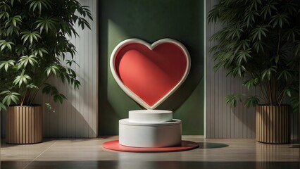 Sticker - abstract 3d red room with white cylinder pedestal