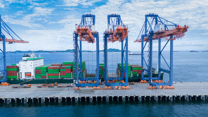 Wall Mural - crane loading cargo container from truck to container ship in the international terminal logistic sea port concept freight shipping by ship. industry transportaion