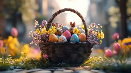 A 3D rendering of an Easter basket filled with decorated eggs, chocolate bunnies, and spring flowers, ideal for Easter celebration themes high detailed