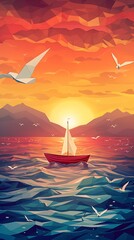 Wall Mural - A paper boat sails on the ocean with a flock of birds flying in the background. The scene is serene and peaceful, with the boat and birds representing freedom and adventure